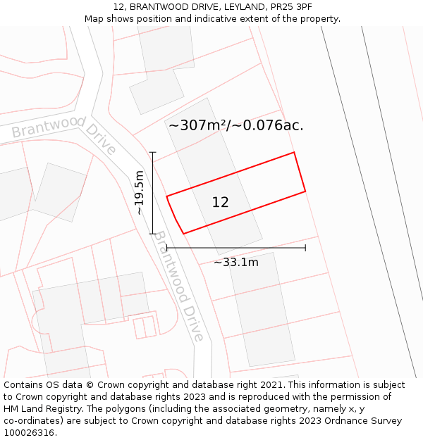 12, BRANTWOOD DRIVE, LEYLAND, PR25 3PF: Plot and title map