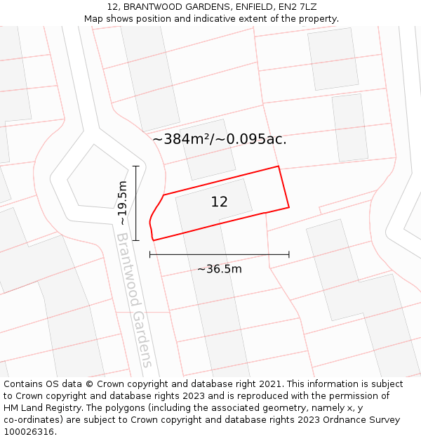 12, BRANTWOOD GARDENS, ENFIELD, EN2 7LZ: Plot and title map