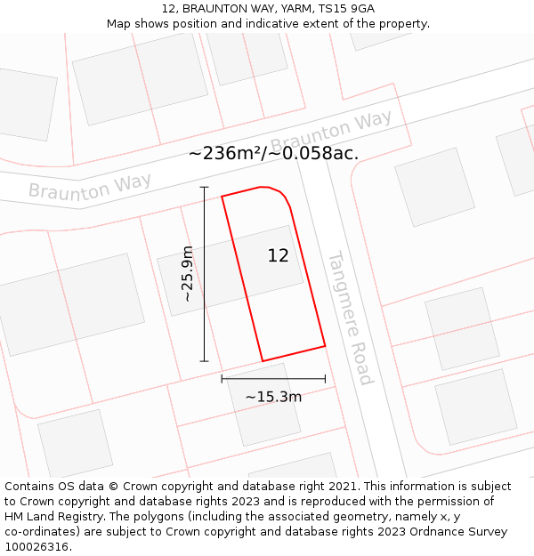 12, BRAUNTON WAY, YARM, TS15 9GA: Plot and title map