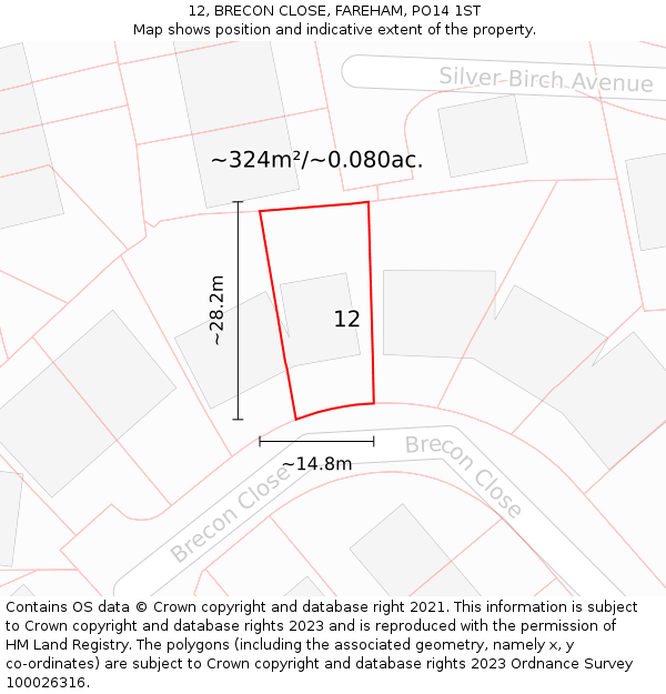 12, BRECON CLOSE, FAREHAM, PO14 1ST: Plot and title map