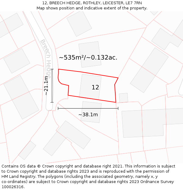 12, BREECH HEDGE, ROTHLEY, LEICESTER, LE7 7RN: Plot and title map