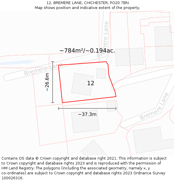 12, BREMERE LANE, CHICHESTER, PO20 7BN: Plot and title map