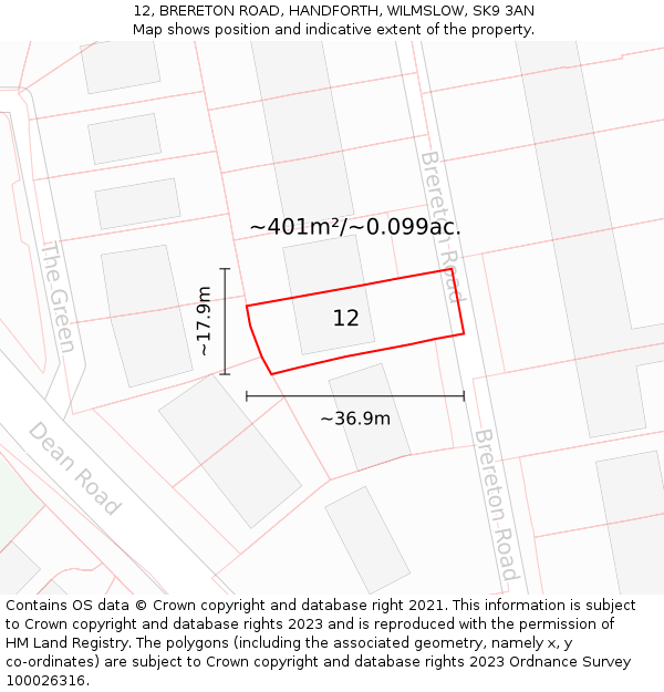 12, BRERETON ROAD, HANDFORTH, WILMSLOW, SK9 3AN: Plot and title map