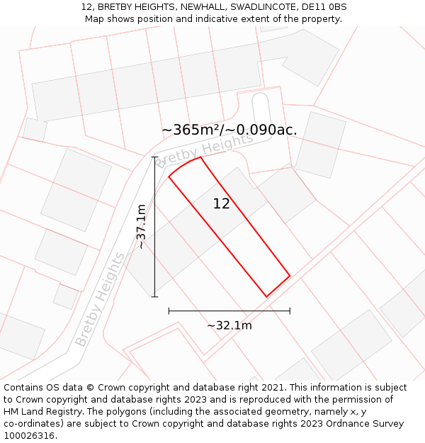 12, BRETBY HEIGHTS, NEWHALL, SWADLINCOTE, DE11 0BS: Plot and title map