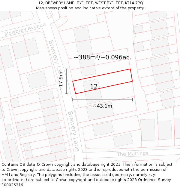 12, BREWERY LANE, BYFLEET, WEST BYFLEET, KT14 7PQ: Plot and title map