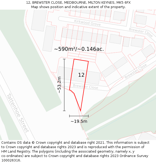 12, BREWSTER CLOSE, MEDBOURNE, MILTON KEYNES, MK5 6FX: Plot and title map