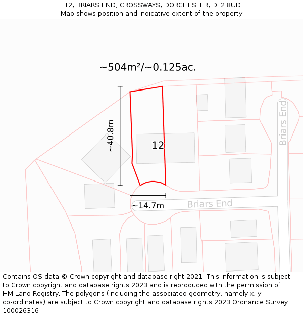 12, BRIARS END, CROSSWAYS, DORCHESTER, DT2 8UD: Plot and title map