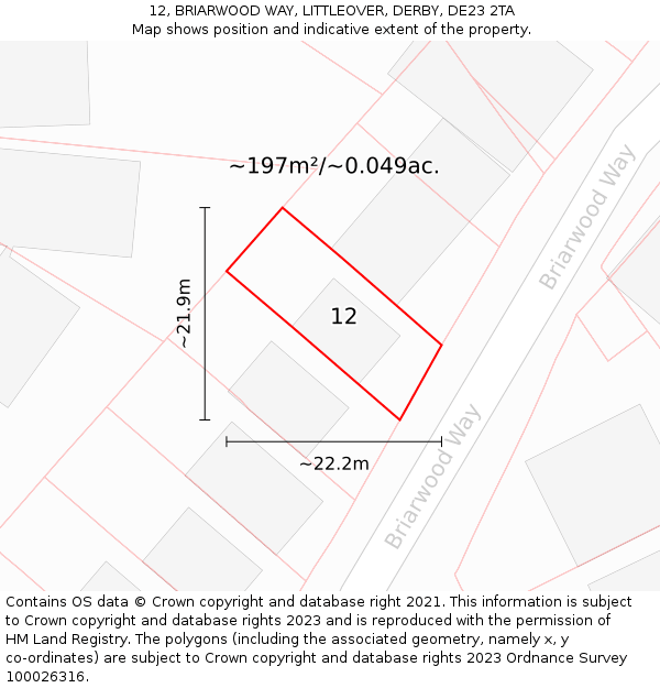 12, BRIARWOOD WAY, LITTLEOVER, DERBY, DE23 2TA: Plot and title map