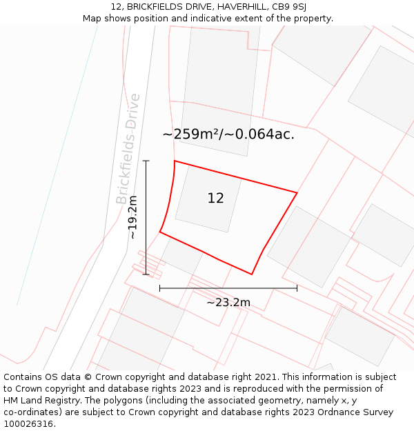12, BRICKFIELDS DRIVE, HAVERHILL, CB9 9SJ: Plot and title map