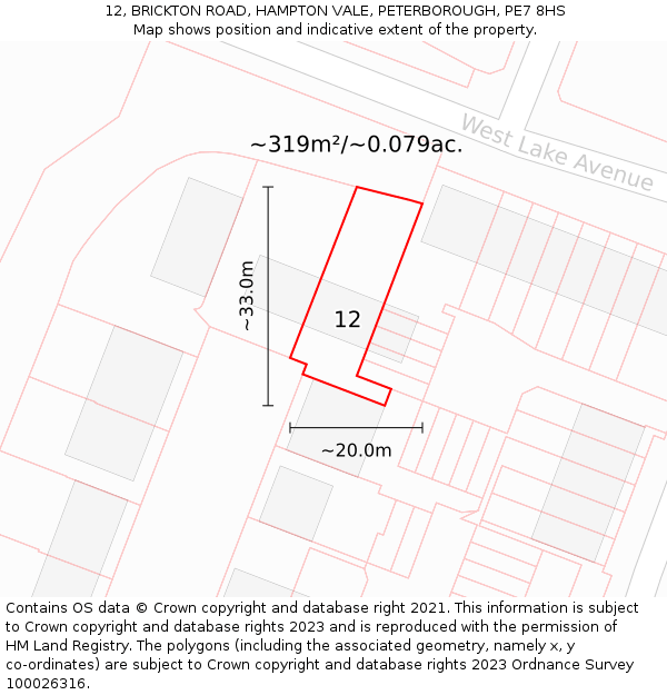 12, BRICKTON ROAD, HAMPTON VALE, PETERBOROUGH, PE7 8HS: Plot and title map