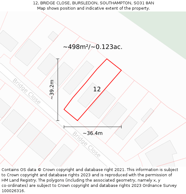 12, BRIDGE CLOSE, BURSLEDON, SOUTHAMPTON, SO31 8AN: Plot and title map