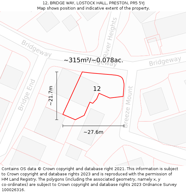 12, BRIDGE WAY, LOSTOCK HALL, PRESTON, PR5 5YJ: Plot and title map
