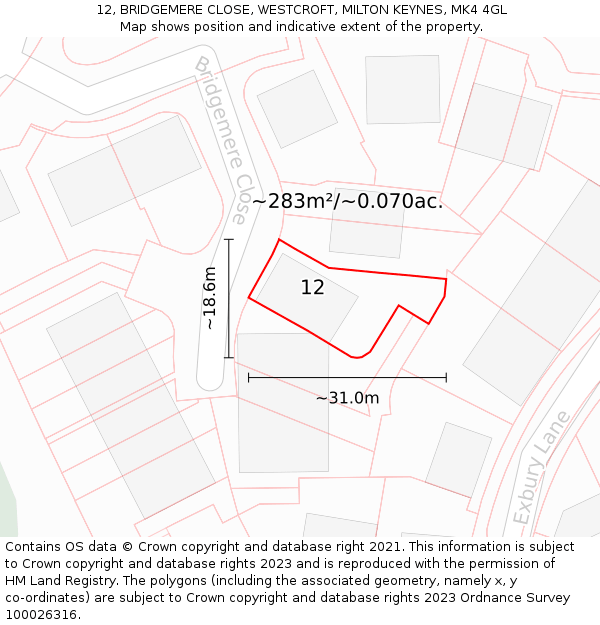 12, BRIDGEMERE CLOSE, WESTCROFT, MILTON KEYNES, MK4 4GL: Plot and title map