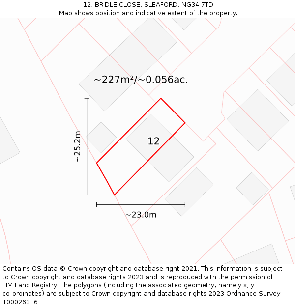 12, BRIDLE CLOSE, SLEAFORD, NG34 7TD: Plot and title map