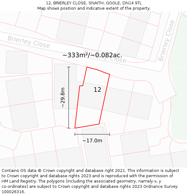 12, BRIERLEY CLOSE, SNAITH, GOOLE, DN14 9TL: Plot and title map