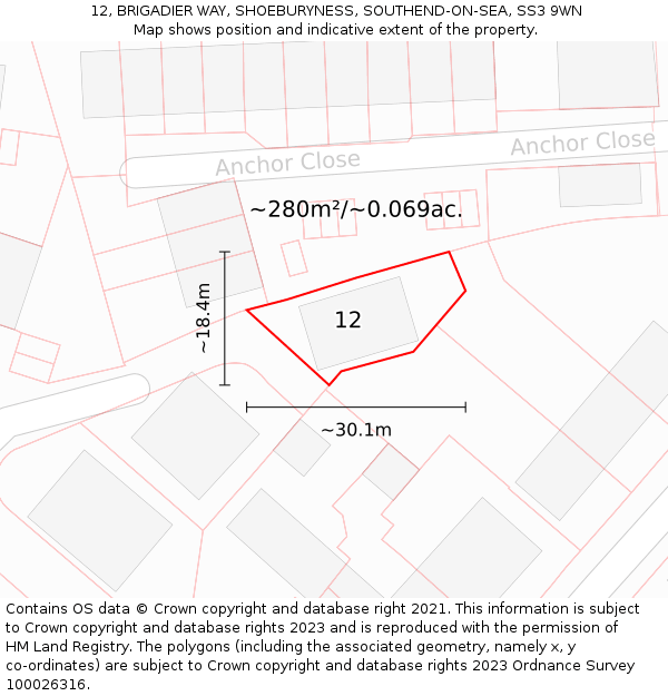 12, BRIGADIER WAY, SHOEBURYNESS, SOUTHEND-ON-SEA, SS3 9WN: Plot and title map