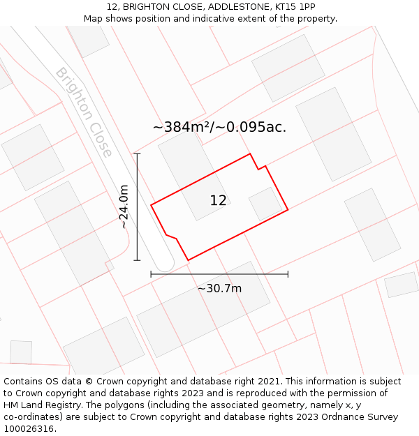 12, BRIGHTON CLOSE, ADDLESTONE, KT15 1PP: Plot and title map