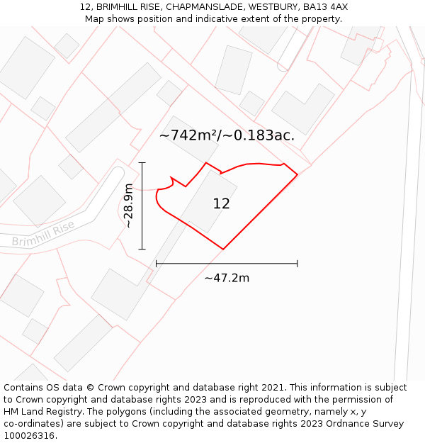 12, BRIMHILL RISE, CHAPMANSLADE, WESTBURY, BA13 4AX: Plot and title map