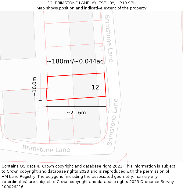12, BRIMSTONE LANE, AYLESBURY, HP19 9BU: Plot and title map