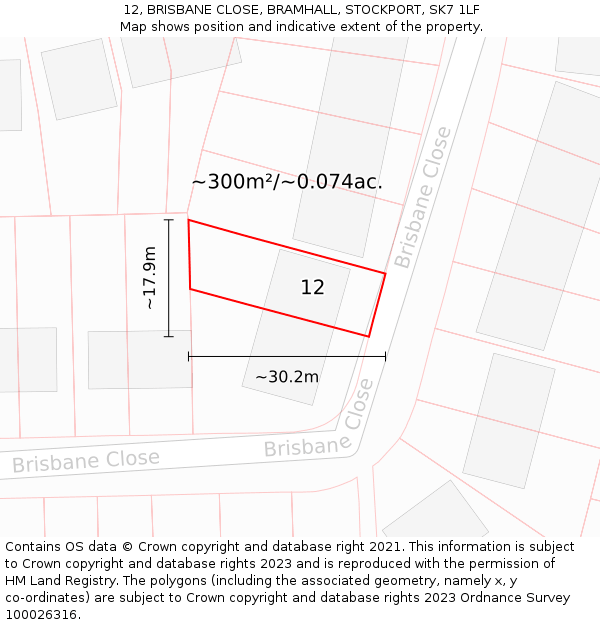 12, BRISBANE CLOSE, BRAMHALL, STOCKPORT, SK7 1LF: Plot and title map