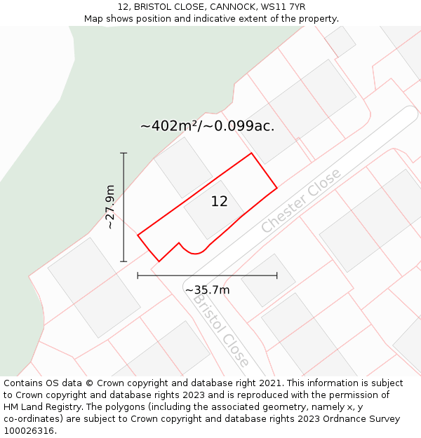 12, BRISTOL CLOSE, CANNOCK, WS11 7YR: Plot and title map