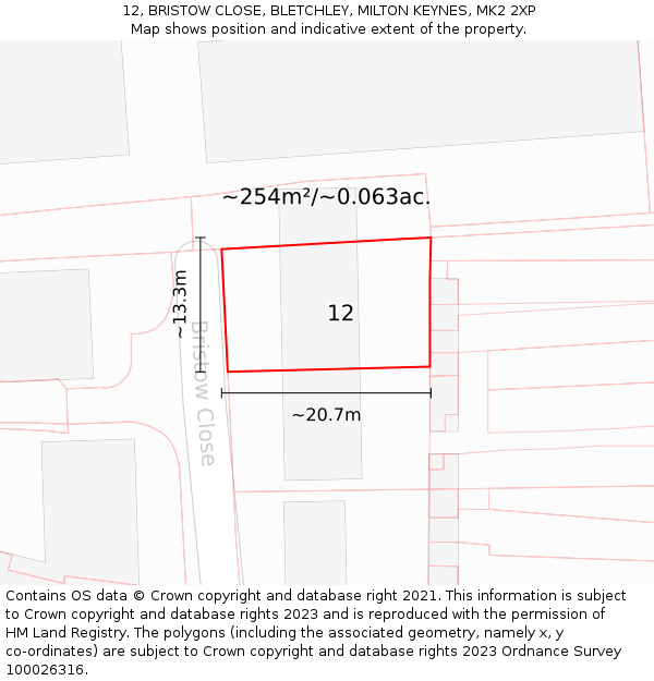 12, BRISTOW CLOSE, BLETCHLEY, MILTON KEYNES, MK2 2XP: Plot and title map