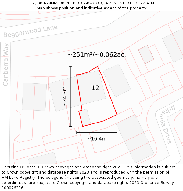 12, BRITANNIA DRIVE, BEGGARWOOD, BASINGSTOKE, RG22 4FN: Plot and title map