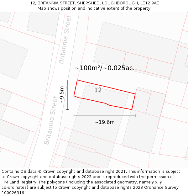 12, BRITANNIA STREET, SHEPSHED, LOUGHBOROUGH, LE12 9AE: Plot and title map