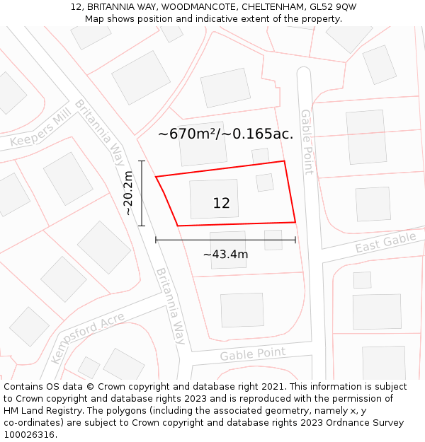 12, BRITANNIA WAY, WOODMANCOTE, CHELTENHAM, GL52 9QW: Plot and title map
