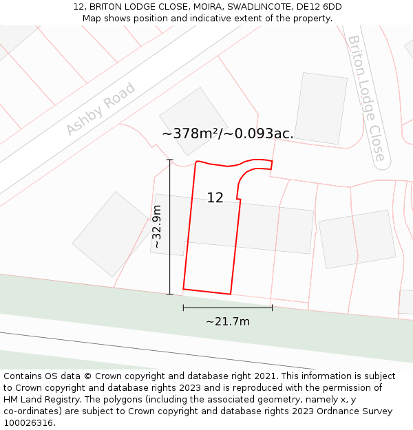 12, BRITON LODGE CLOSE, MOIRA, SWADLINCOTE, DE12 6DD: Plot and title map