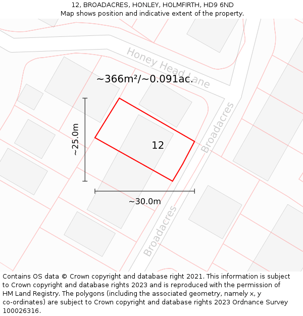 12, BROADACRES, HONLEY, HOLMFIRTH, HD9 6ND: Plot and title map