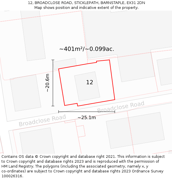 12, BROADCLOSE ROAD, STICKLEPATH, BARNSTAPLE, EX31 2DN: Plot and title map