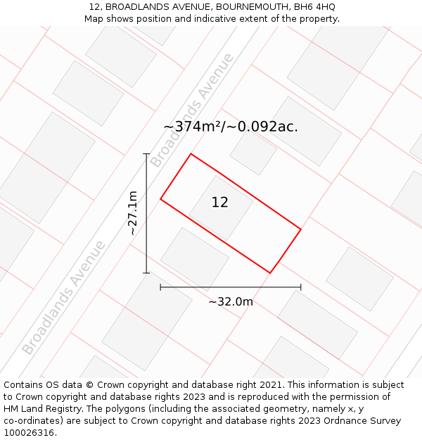 12, BROADLANDS AVENUE, BOURNEMOUTH, BH6 4HQ: Plot and title map