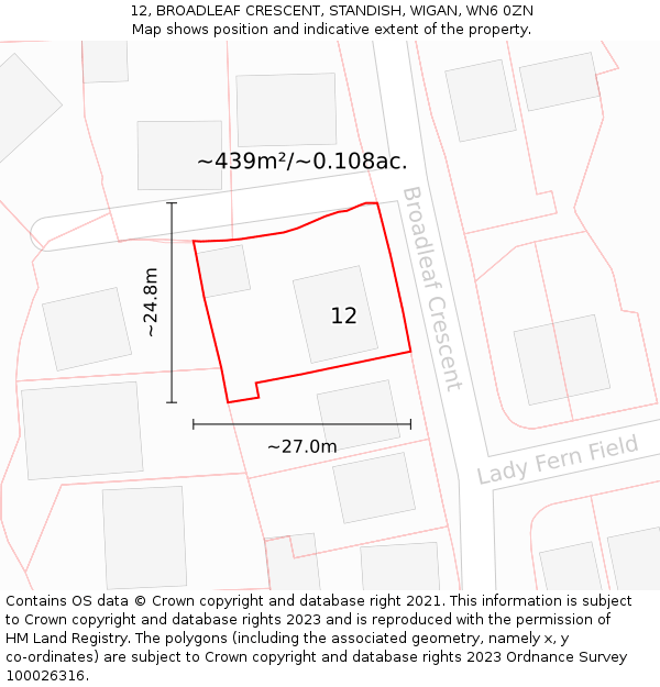 12, BROADLEAF CRESCENT, STANDISH, WIGAN, WN6 0ZN: Plot and title map