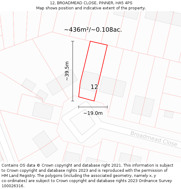 12, BROADMEAD CLOSE, PINNER, HA5 4PS: Plot and title map