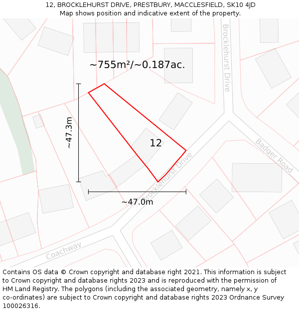 12, BROCKLEHURST DRIVE, PRESTBURY, MACCLESFIELD, SK10 4JD: Plot and title map