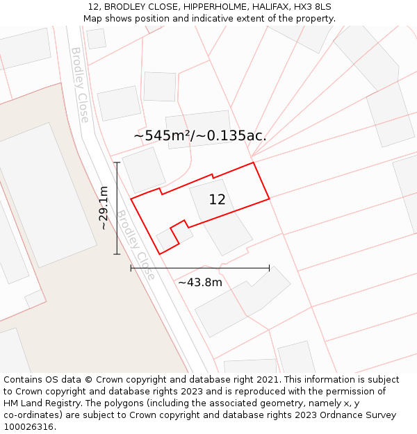 12, BRODLEY CLOSE, HIPPERHOLME, HALIFAX, HX3 8LS: Plot and title map