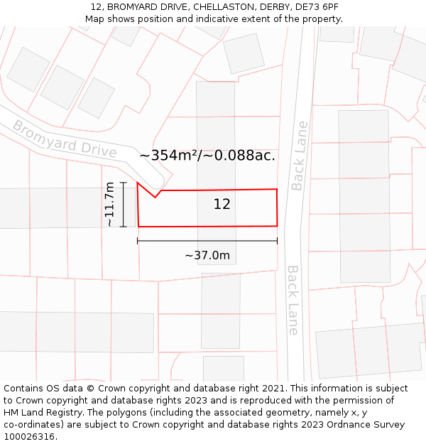 12, BROMYARD DRIVE, CHELLASTON, DERBY, DE73 6PF: Plot and title map