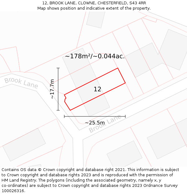 12, BROOK LANE, CLOWNE, CHESTERFIELD, S43 4RR: Plot and title map