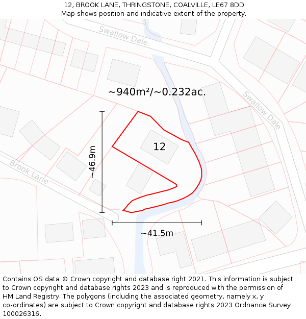12, BROOK LANE, THRINGSTONE, COALVILLE, LE67 8DD: Plot and title map