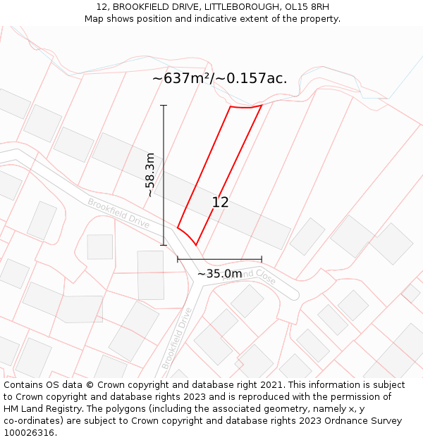 12, BROOKFIELD DRIVE, LITTLEBOROUGH, OL15 8RH: Plot and title map