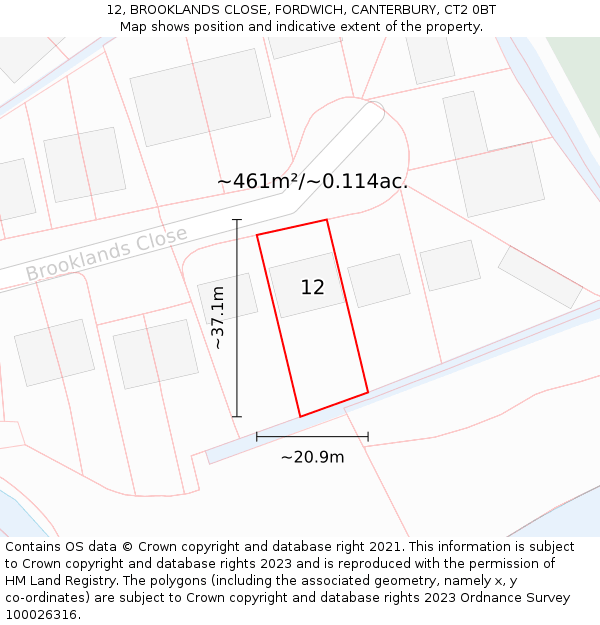 12, BROOKLANDS CLOSE, FORDWICH, CANTERBURY, CT2 0BT: Plot and title map