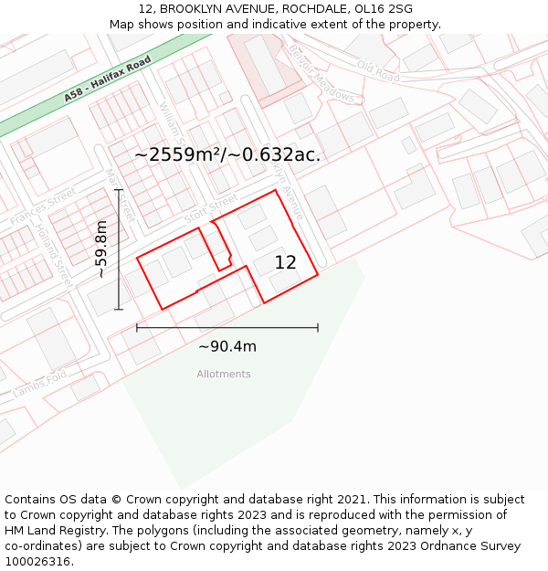 12, BROOKLYN AVENUE, ROCHDALE, OL16 2SG: Plot and title map