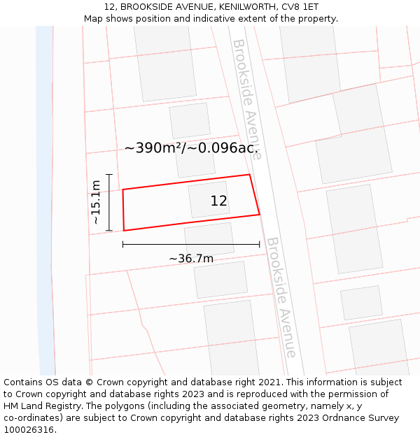 12, BROOKSIDE AVENUE, KENILWORTH, CV8 1ET: Plot and title map
