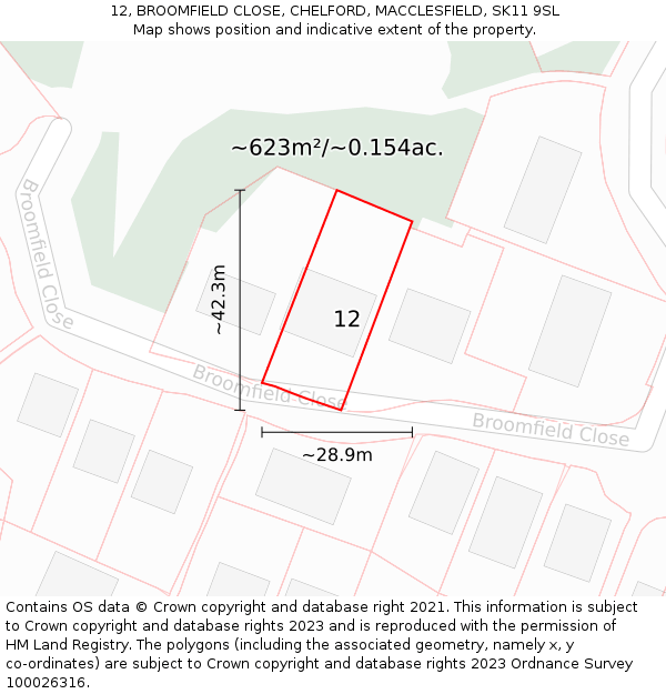 12, BROOMFIELD CLOSE, CHELFORD, MACCLESFIELD, SK11 9SL: Plot and title map