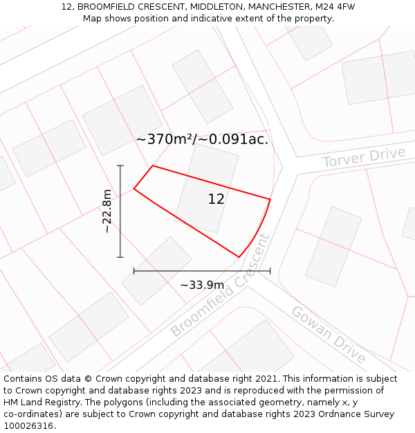 12, BROOMFIELD CRESCENT, MIDDLETON, MANCHESTER, M24 4FW: Plot and title map
