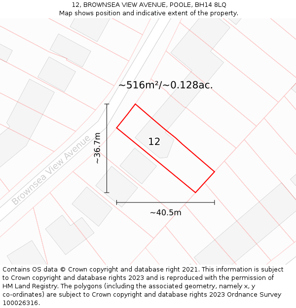 12, BROWNSEA VIEW AVENUE, POOLE, BH14 8LQ: Plot and title map