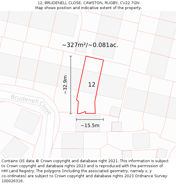 12, BRUDENELL CLOSE, CAWSTON, RUGBY, CV22 7GN: Plot and title map
