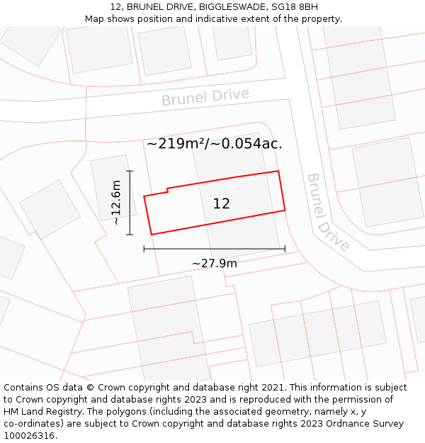 12, BRUNEL DRIVE, BIGGLESWADE, SG18 8BH: Plot and title map