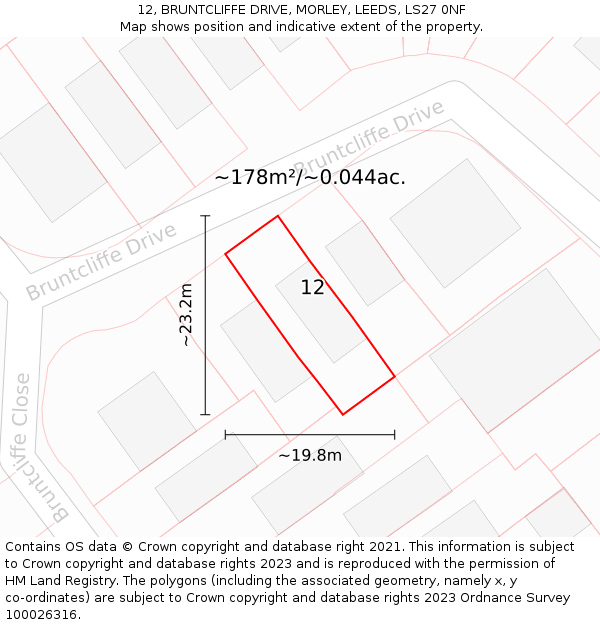 12, BRUNTCLIFFE DRIVE, MORLEY, LEEDS, LS27 0NF: Plot and title map